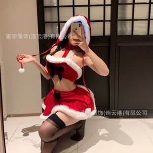 Minai New Sexy Sweet Spicy Christmas Battle Robe Set Women Red Hat Sexy Halter Bowknot Set