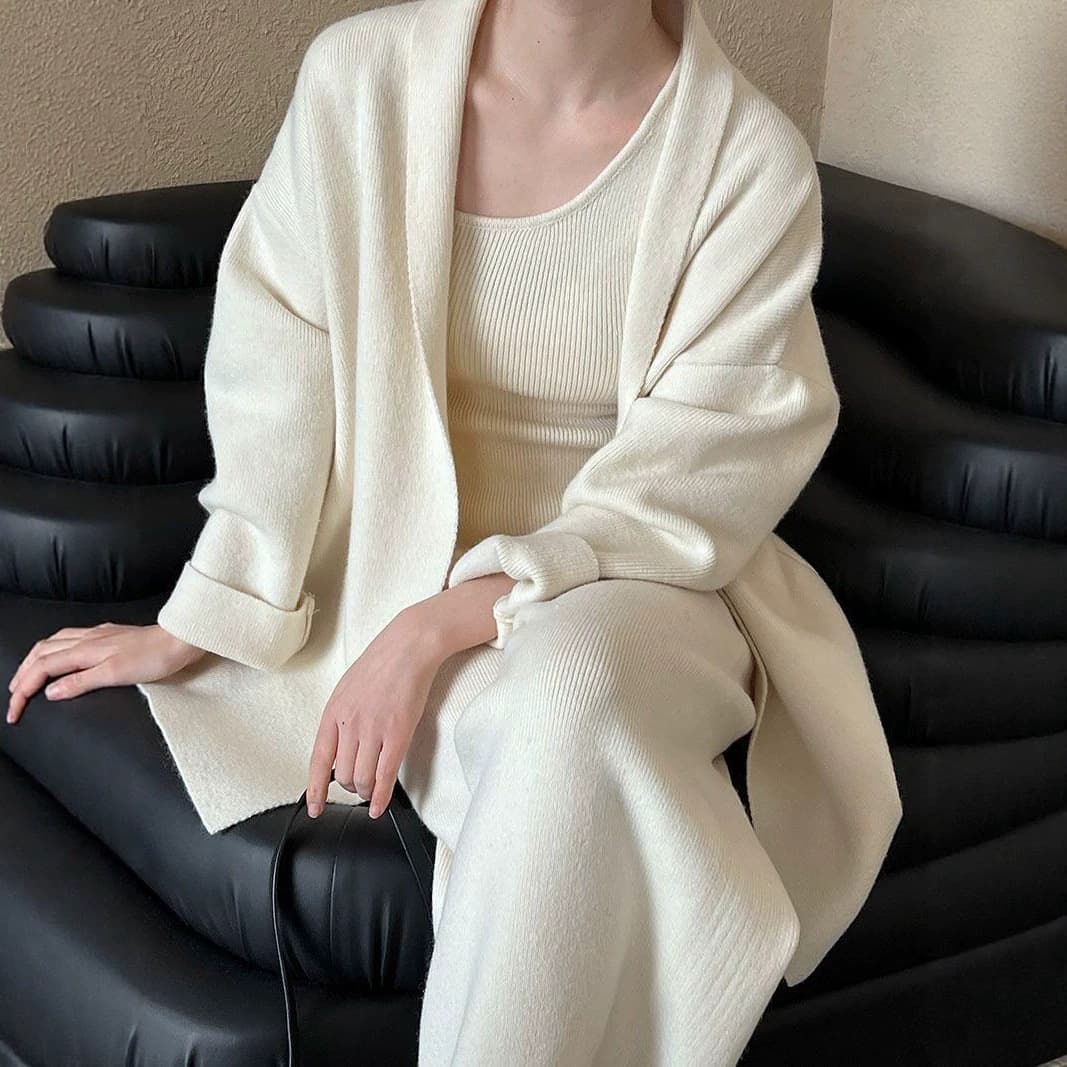 French Simple High-End Knit Sweater Set, 2026 Spring New Cardigan + Vest + Wide-Leg Pants Three-Piece Set