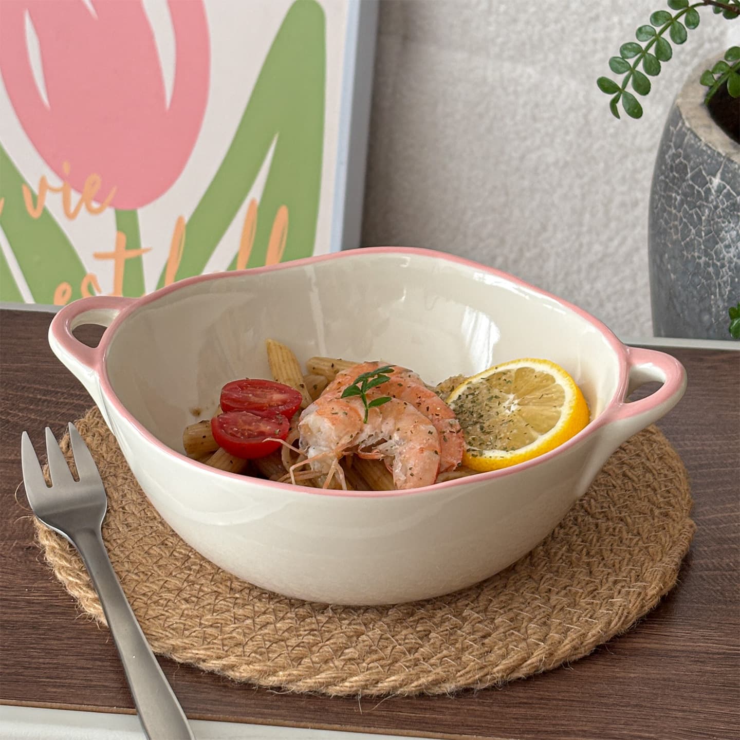 Mooney Pink Stroke Double-Eared Bowl Creative Asymmetrical Noodle Bowl Hand-Kneaded Fruit Salad Bowl Large Soup Bowl Breakfast Bowl