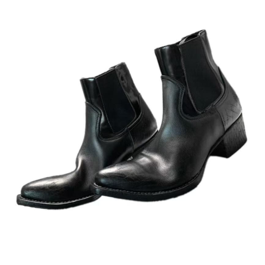 British Style Retro Upturned Toe Wizard Boots, Black Cowhide Distressed Pointed Mid-Heel Chelsea Boots