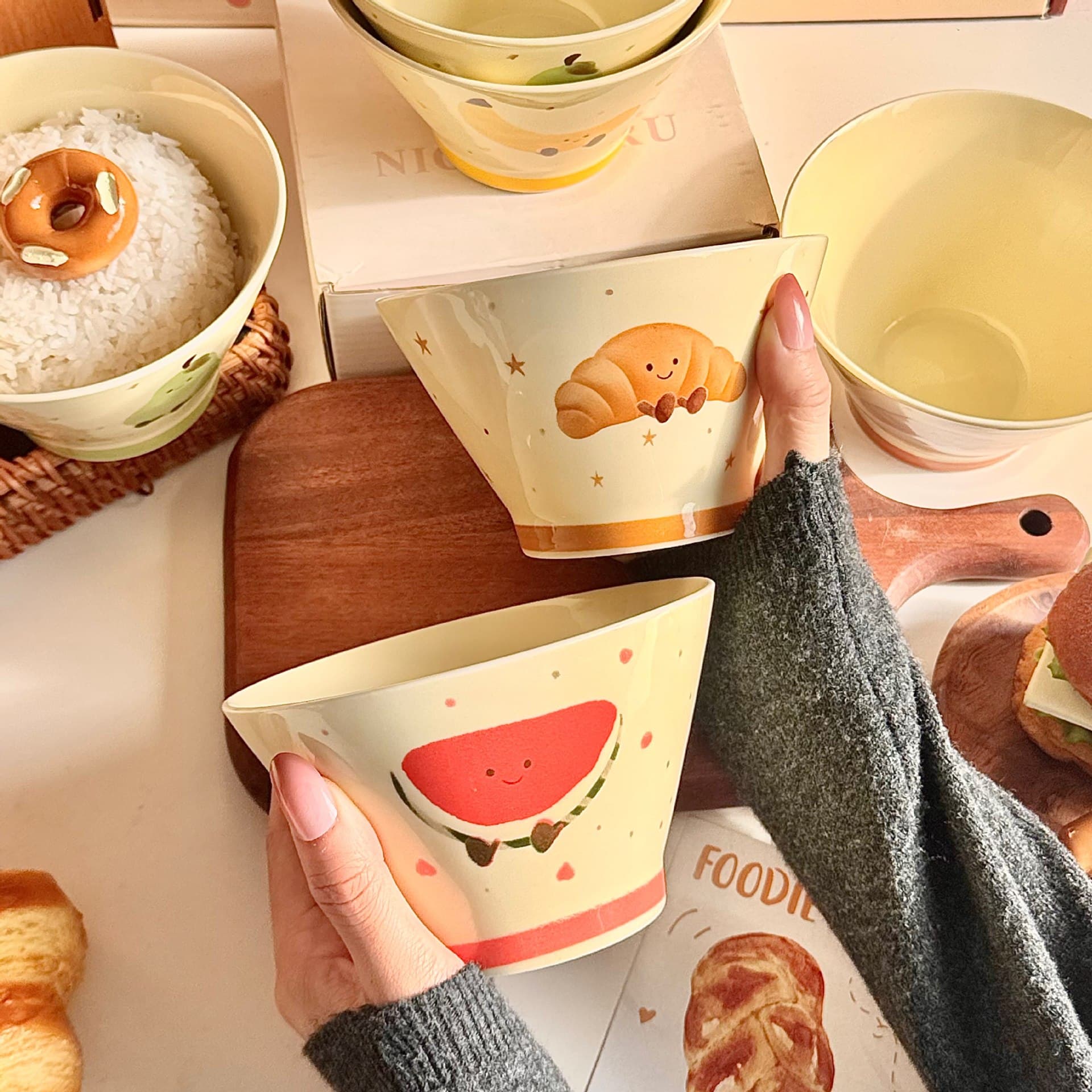 Fruit Croissant Ceramic Bowl Noodle Bowl High-Foot Bowl Rice Bowl