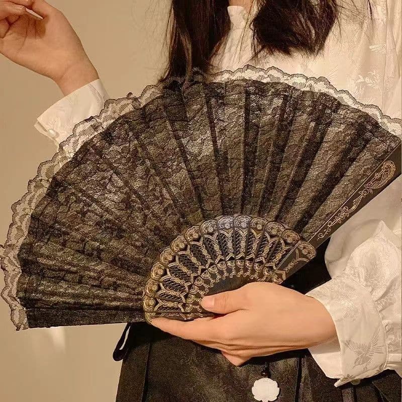 Black Lace Fan Lace Fan Trendy Folding Fan Ladies Fan Cheongsam Fan Chinese Style Fan Street Photography