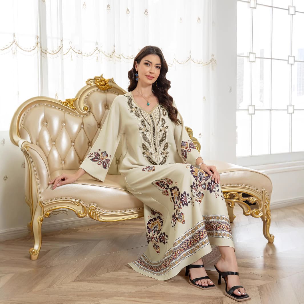 SW0801 Middle East Cross-Border Muslim Women's Long Dress Printed Embroidery Dubai Abayas E-commerce Best Seller