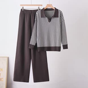 New Cross-Border Autumn/Winter Turn-Down Collar Knit Set for Women, Spring/Autumn Slimming Wide-Leg Pants, Stylish Knit Two-Piece Set