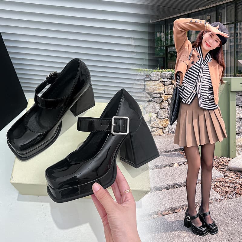 40-46 Size Export Cross-Border High-Heeled Shoes New Square Toe Thick Heel Women's Shoes Shallow Buckle Flats Women's Mary Jane Shoes