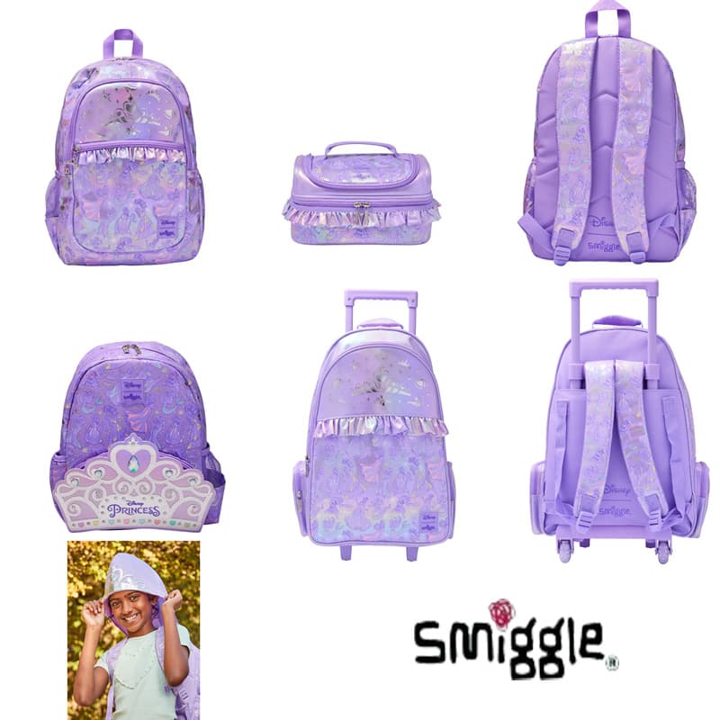 Australian Smiggle School Backpack for Girls, Lightweight, Princess Design, Double Shoulder Bag, Lunch Bag, Kindergarten Backpack