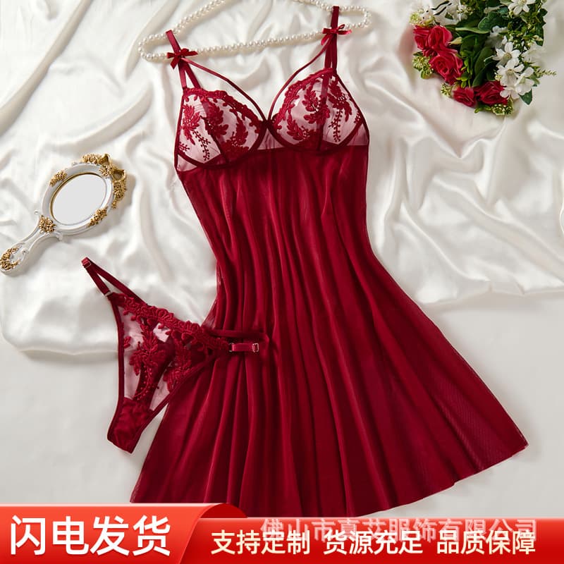 2025 New Sexy Suspender Nightgown with T-Back Panties, Ultra-Thin Transparent Mesh, Wheat Spike Embroidery, Flirtatious and Sexy Sleepwear 66