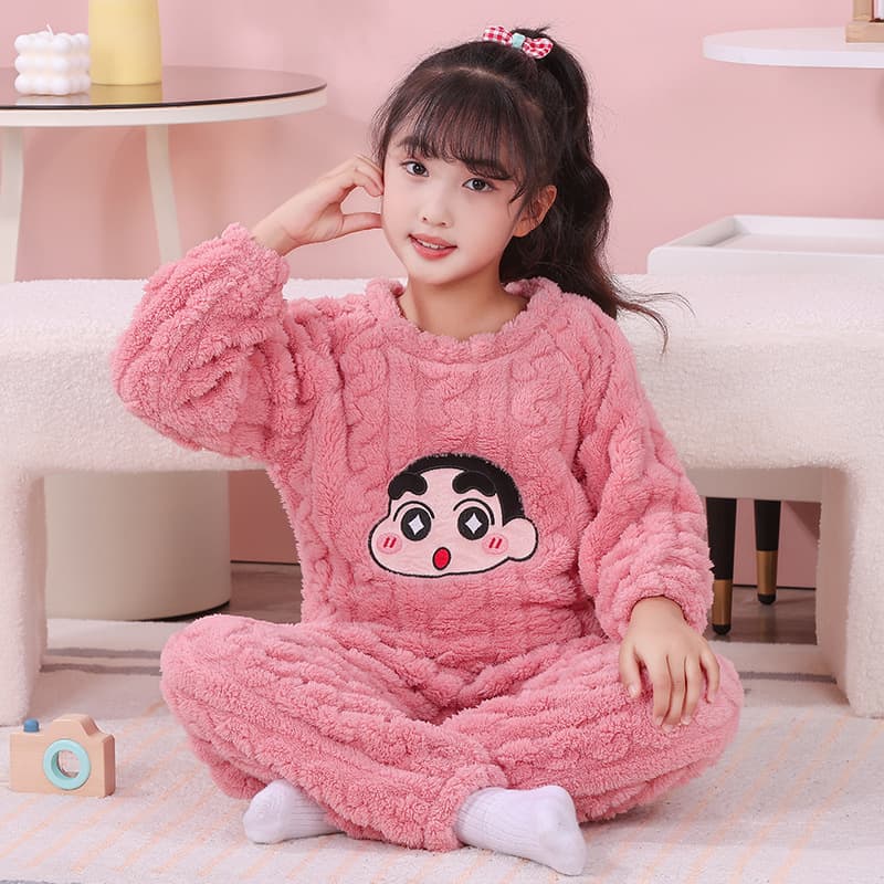 Girls' Jacquard Flannel Pajamas Winter Thick Warm Melody Cartoon Set Homewear Coral Fleece