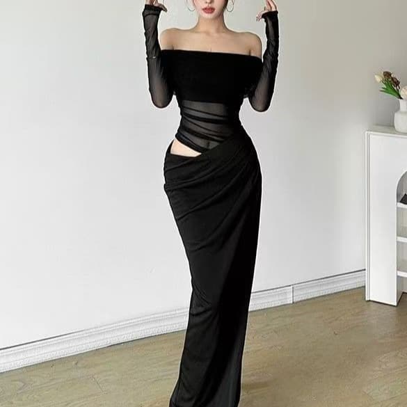 Sophisticated Light Mature Cool Sultry Style Sheer Hollow Out Pure Desire Off-Shoulder Dress for Women Dark Style Mermaid Dress