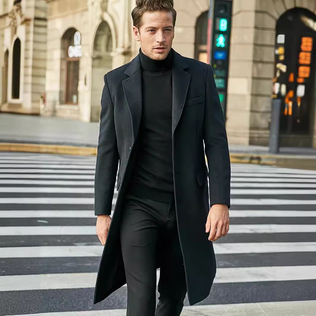 Cross-Border Amazon Men's Clothing Men Long Sleeve Wool Overcoat Autumn/Winter Wool Fabric Jacket Trendy