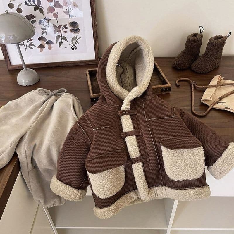 Super Cute~ Kids Winter Corduroy Coat with Faux Fur Trim, Thickened Mid-Length Hooded Windbreaker for Boys