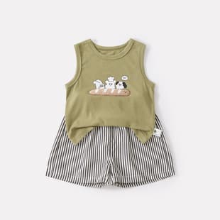 Summer New Infant Korean Cartoon Print Knit Vest Baby Casual Breathable Striped Shorts Two-Piece Set