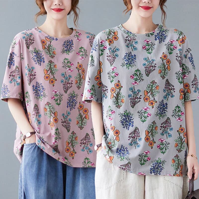New Floral Print Short Sleeve T-Shirt for Women Plus Size Spring Summer Casual Loose Fit Top