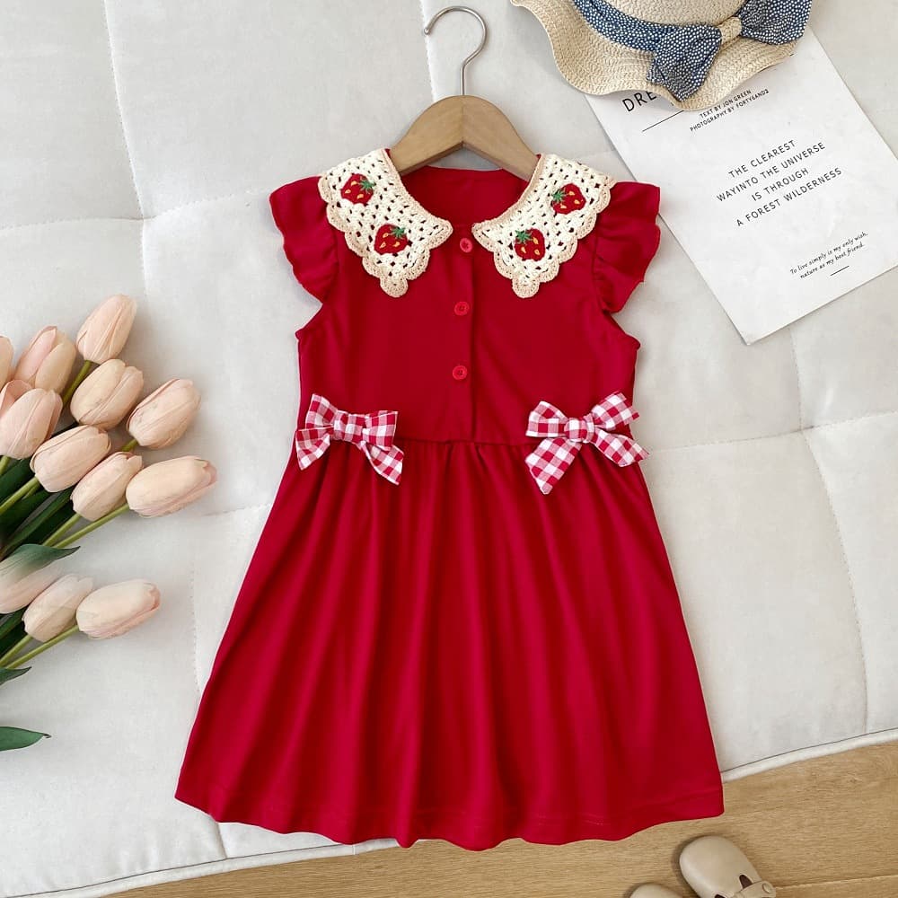 European and American Girls Summer Red Strawberry Dress with Flutter Sleeves Princess Dress for Little Girls