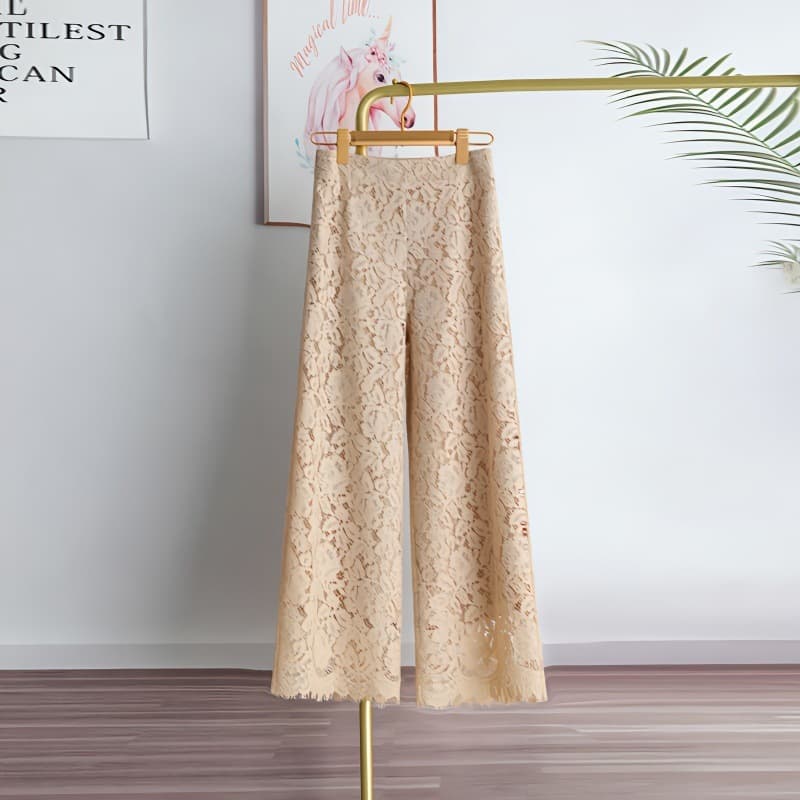 Lace Wide-Leg Pants, Cropped Pants, High-Waisted Summer New Style, Water-Soluble Lace Loose