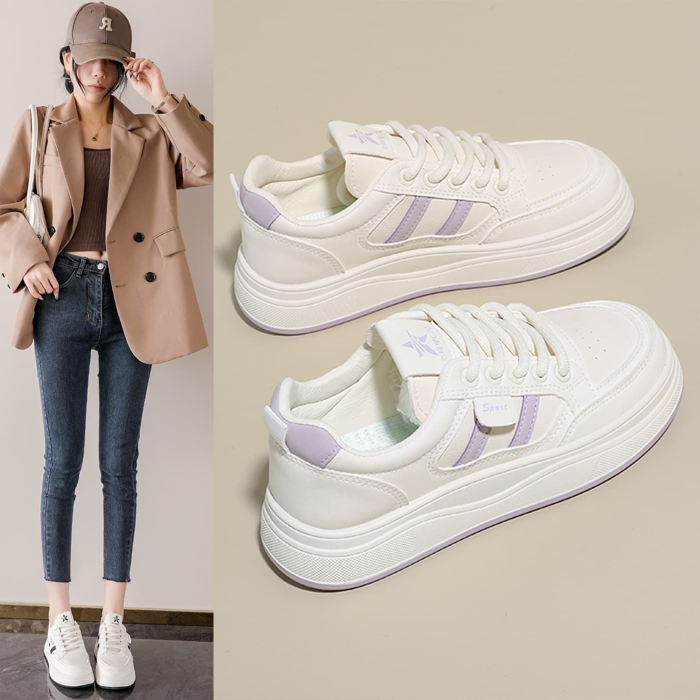 Women's Shoes 2026 New Spring Trendy Versatile Thick Sole Flat White Sneakers Casual Sports Board Shoes for Female Students