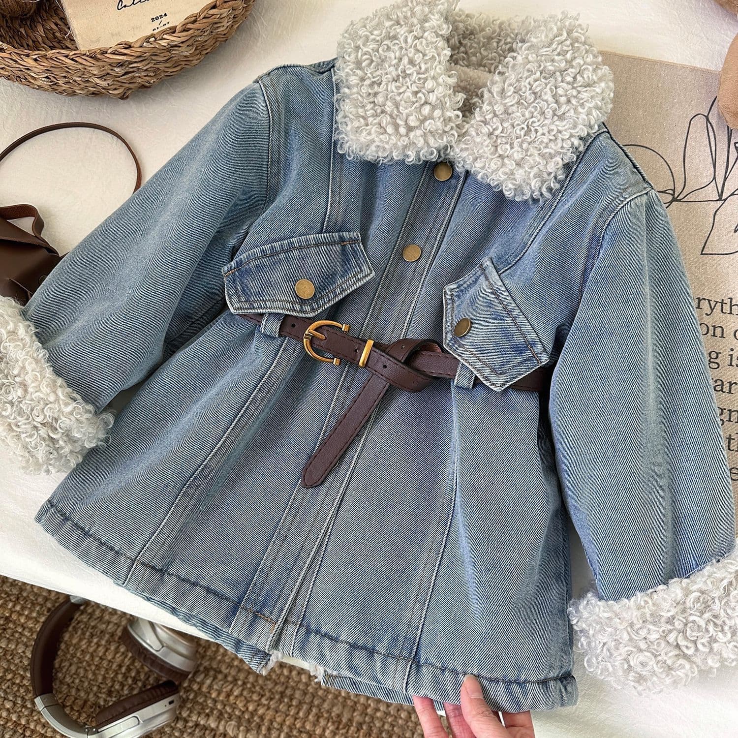 Girls' new velvet thickened denim jacket autumn and winter children's winter Korean style tops girls' western style overcoming