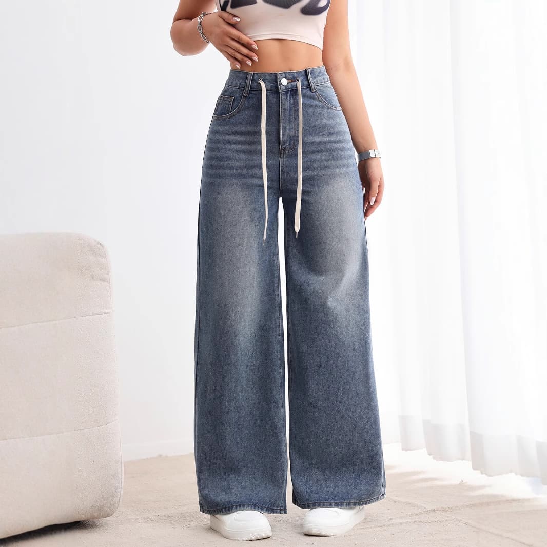Women's High-Waist Loose Wide-Leg Jeans, Flowing Washed American Straight-Leg Jeans, Vintage Drawstring, Factory Direct