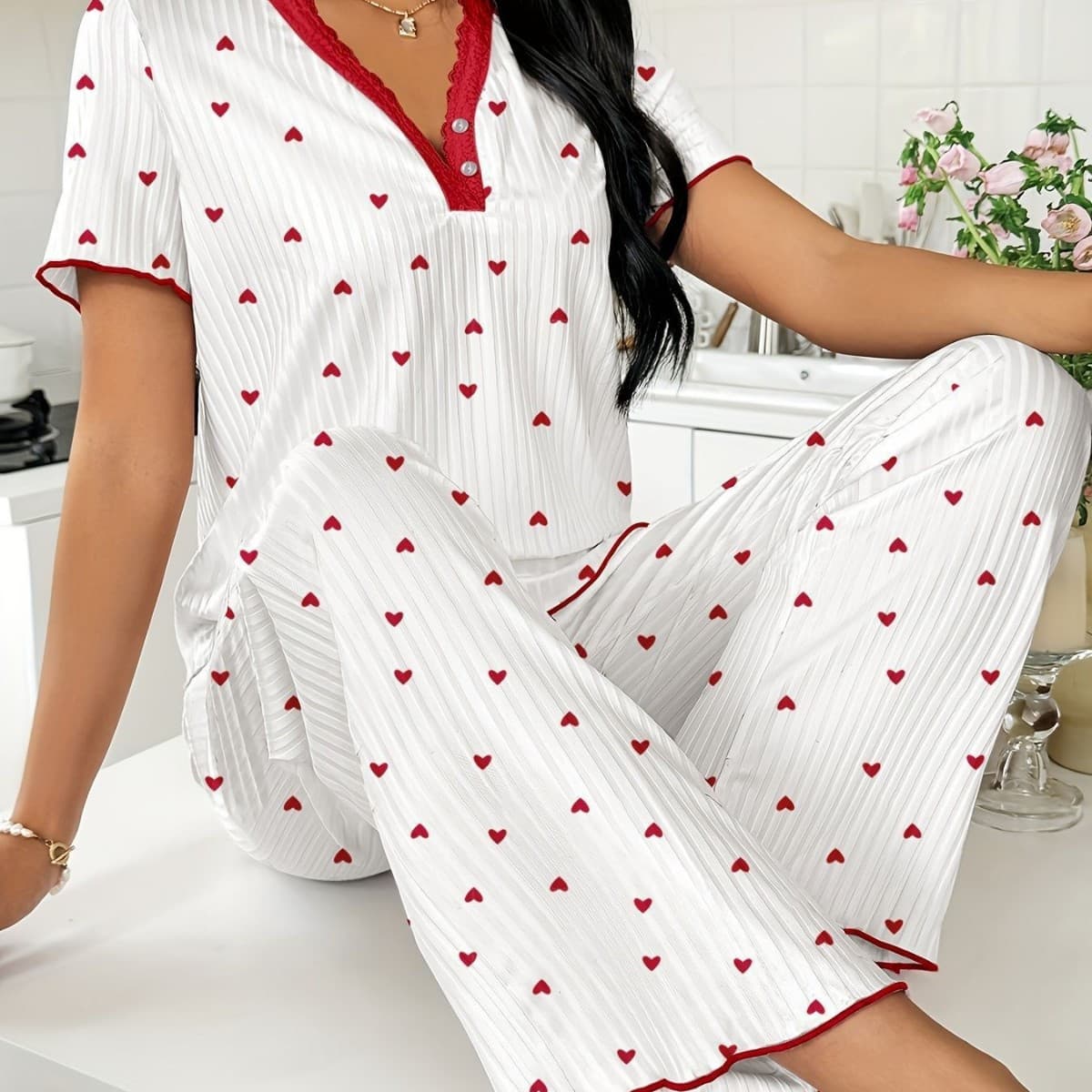 New Hot-Selling Women's Loungewear Set for Cross-Border EU/US Markets, Printed Short-Sleeve Top and Long Pants, Comfortable Stretch for Home and Outdoor Wear