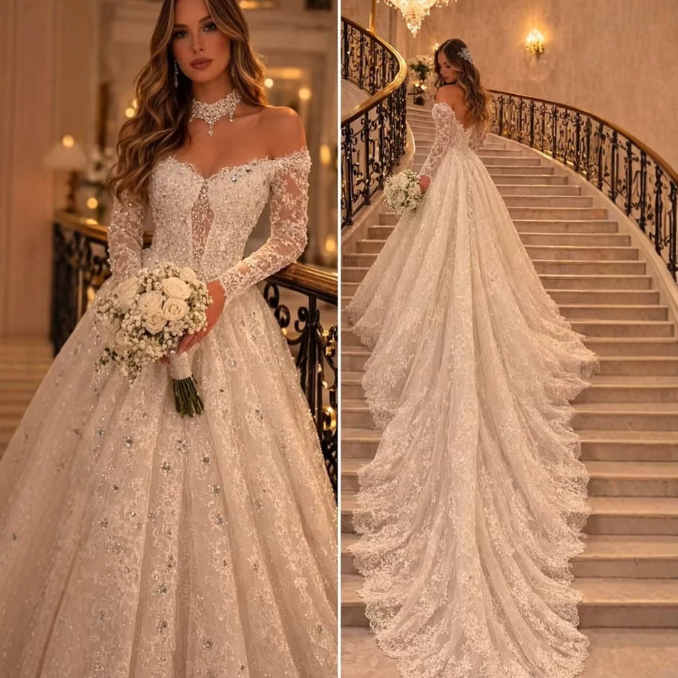 French One-Shoulder Lace Wedding Dress with Illusion Long Sleeves, Heavy Beading, Full Ball Gown Skirt, Extra-Long Train, Church Ceremony Gown