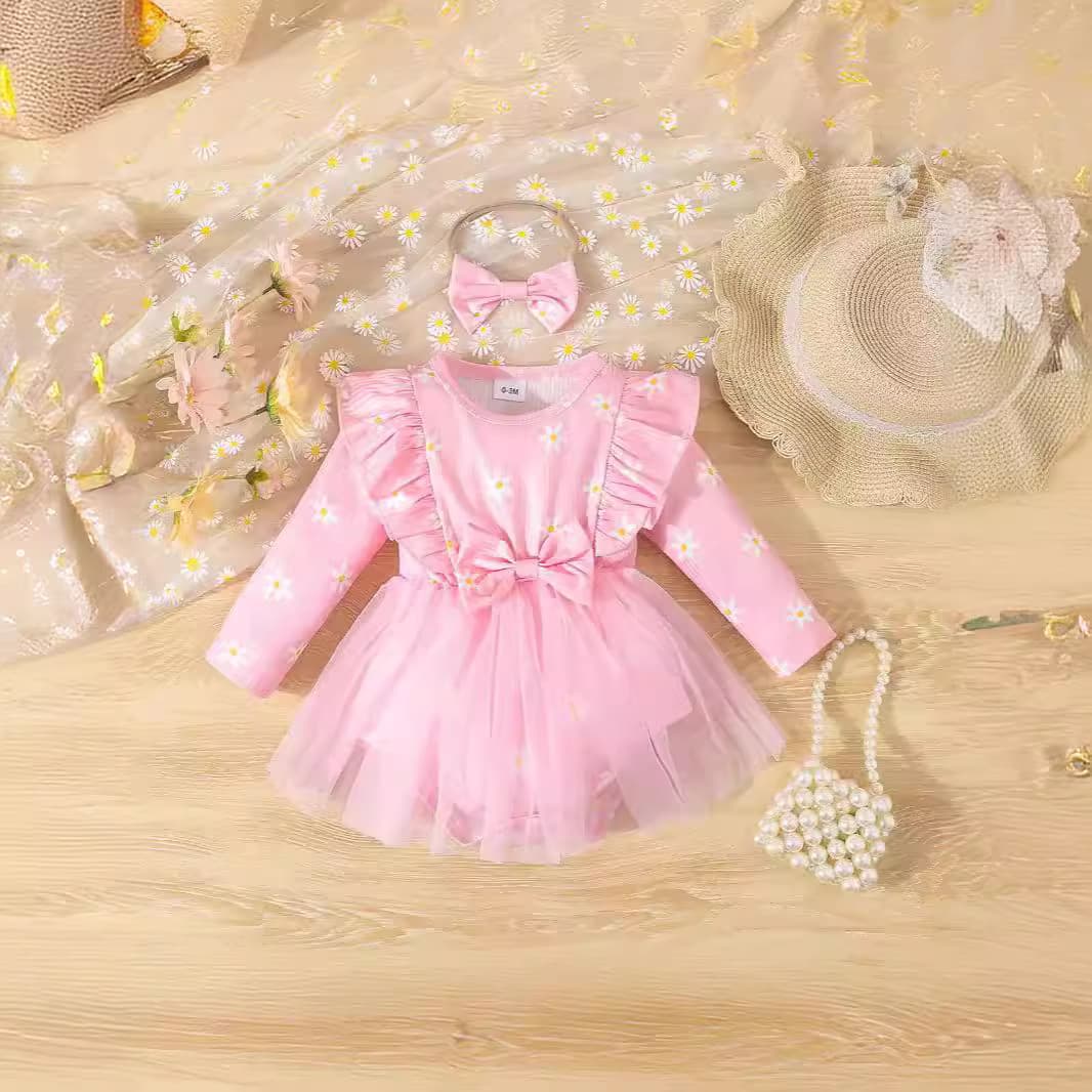 Cross-border foreign trade infant and toddler polka dot mesh small flower long-sleeved bow-knot khaki suit