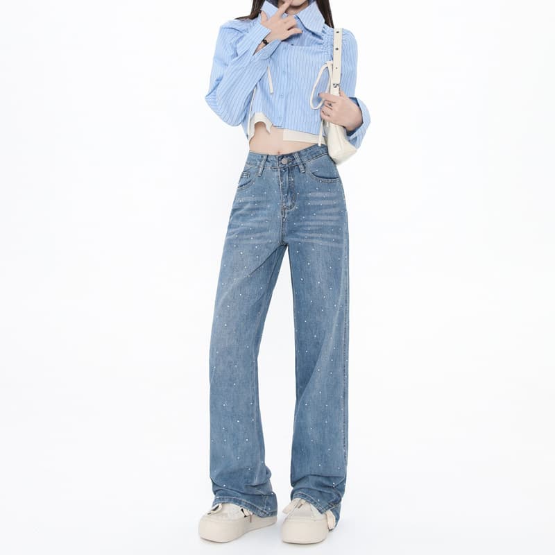 [Autumn] 2024 Fall/Winter New Arrival & Rhinestone Design Slit Relaxed Wide-Leg Floor-Length Jeans