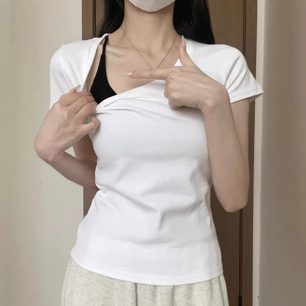 White U-neck pure desire right-shoulder short-sleeved T-shirt for women in summer simple basic style slimming inner layering shirt top