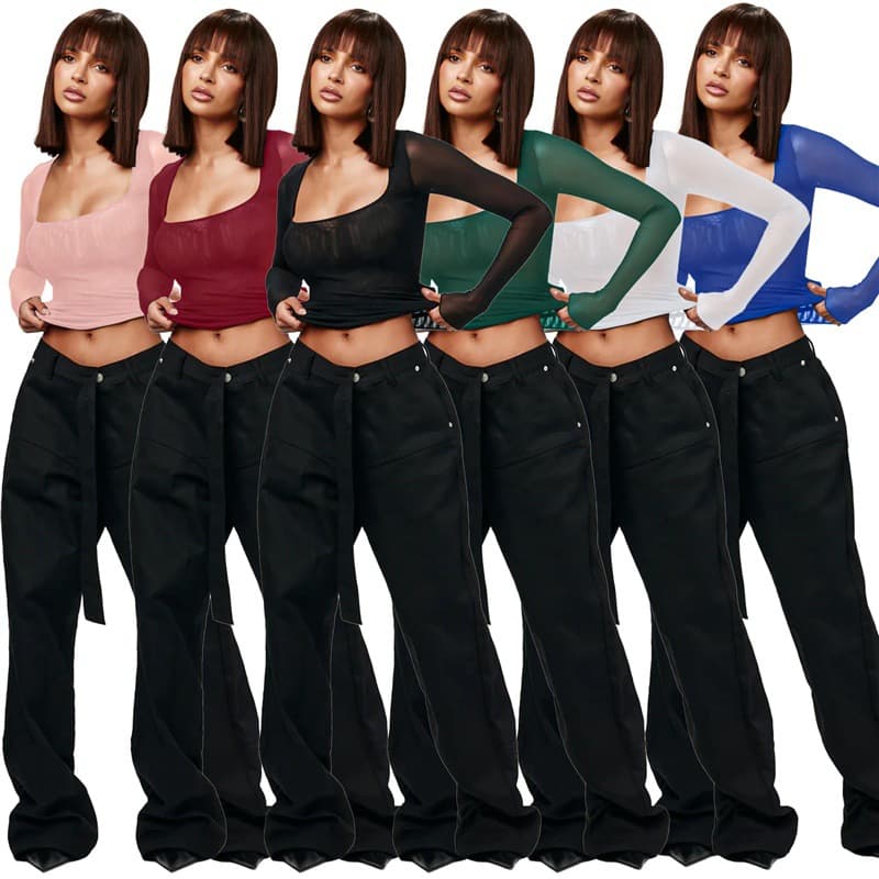 2024 New Women's Long Sleeve Solid Mesh Square Neck Sexy Top, Best Seller on Amazon and AliExpress for Cross-Border European and American Markets