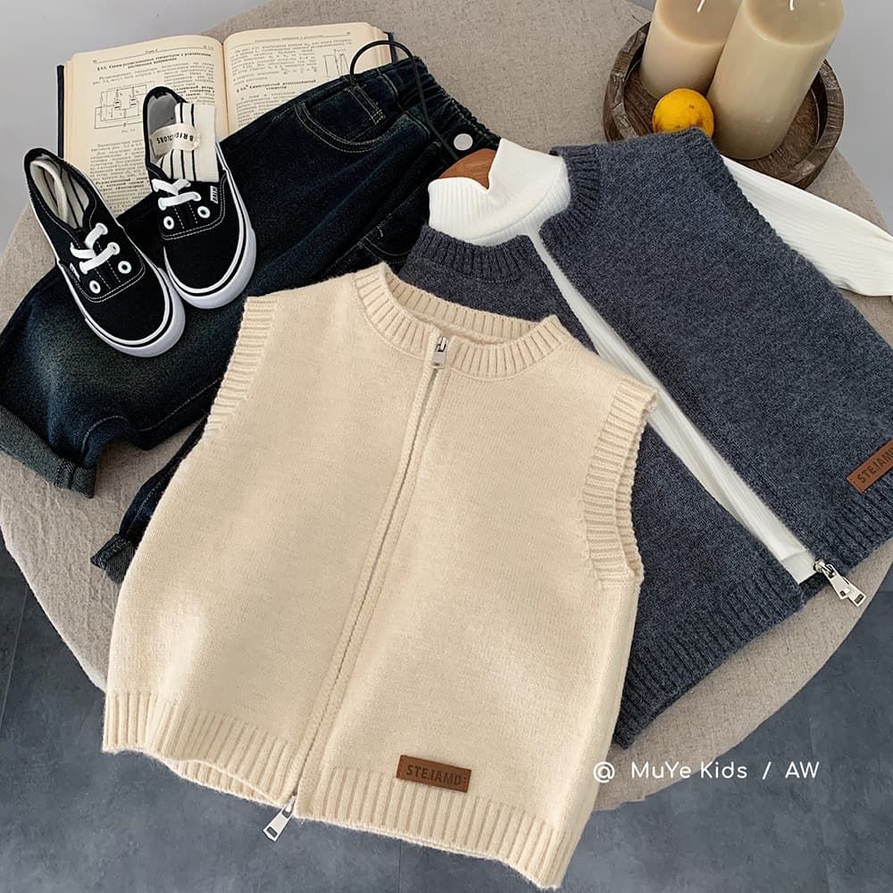 Muye Chunqiu Sweater Huzhou Zhili Children's Clothing Korean-style Knit Vest Cardigan Stylish Kids Apparel