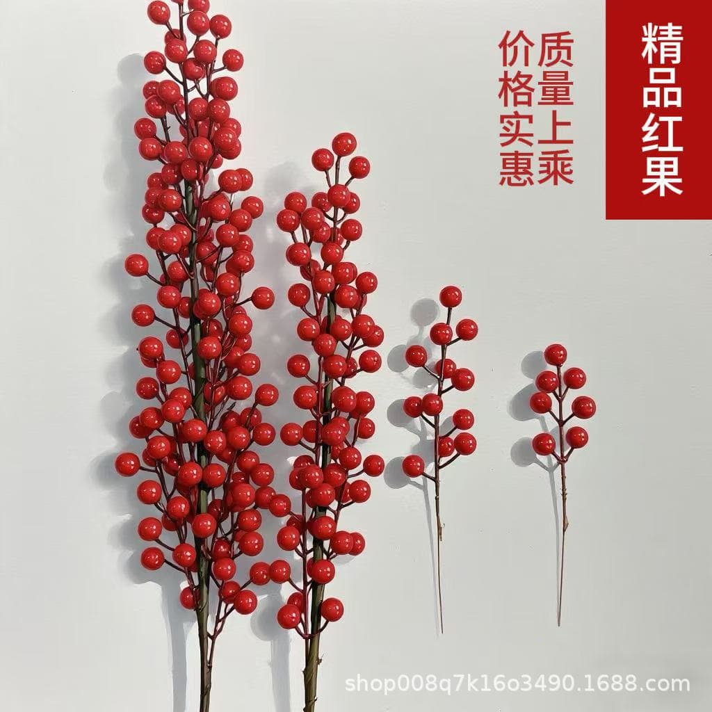 12-Branch Christmas Foam Artificial Red Berries Holly Fruit Simulation Decoration for Home Living Room Wholesale