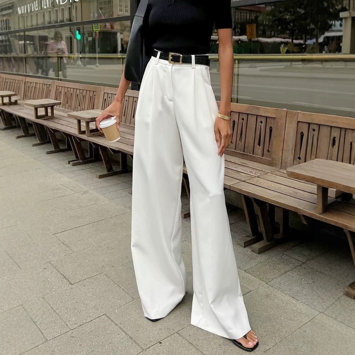 Cross-border European and American commuter style suit pants for women, fashionable and versatile high-waisted casual pants, loose and simple style white suit pants