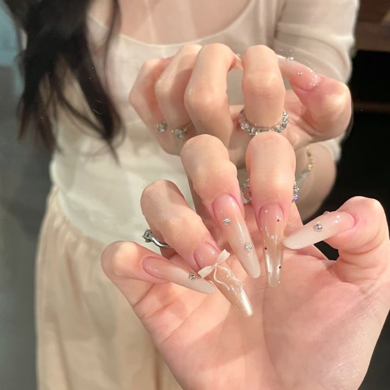 Handmade Press-On Nails, Water-Light Milky White Ribbon Bow Cat Eye Nails, High-End Elegant, Brightening, Gentle