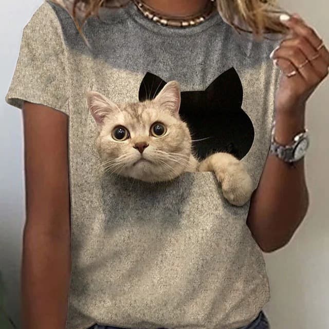 Plus Size Women Street Style T-Shirt Cat Print Short Sleeve Casual Weekend Retro Round Neck 3D Cat Graphic Tee