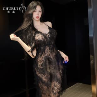 Chu Rui Lace Temptation Sexy Lingerie Side Slit Bowknot Halter Slip Dress Women's Flirtatious Transparent