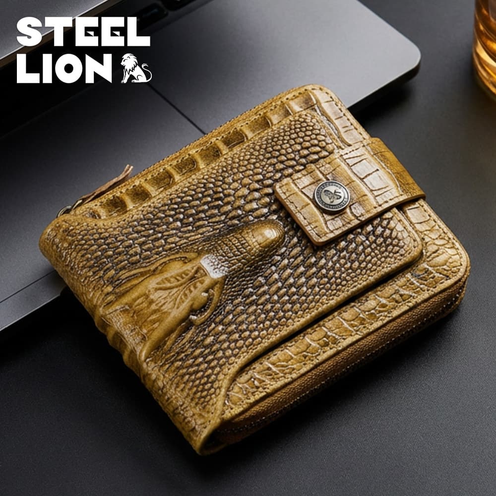 Men's Genuine Leather Crocodile Pattern Top Layer Cowhide Zipper Wallet Horizontal Multi-Card Slot Thickened Photo Album Anti-Theft Brush Coin Purse