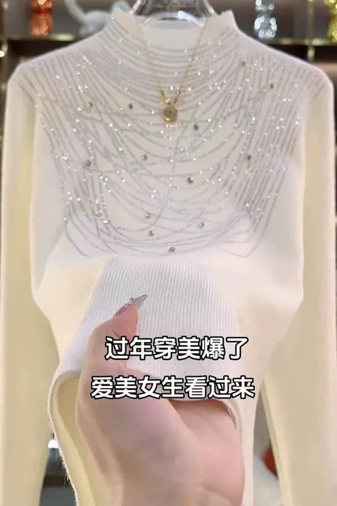 European Style Heavy Rhinestone Half Turtleneck Long Sleeve Knit Base Top Women's 2025 Autumn/Winter New Luxury Sweater Women's Top