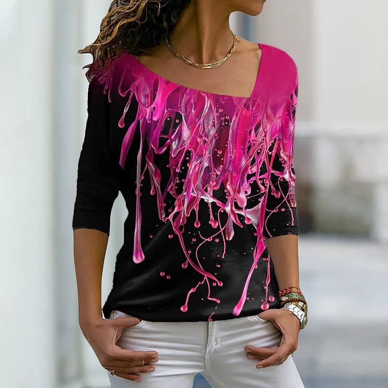 Cross-border new 2024 European and American cross-border independent station new women's abstract abstract printed 3D slope collar T-shirt for women