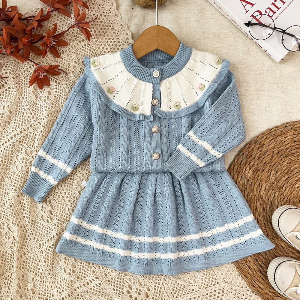 Girls' Sweater Set Autumn Winter New Korean Style Chic Ruffle Collar Knit Cardigan and Woolen Skirt Two-Piece Set