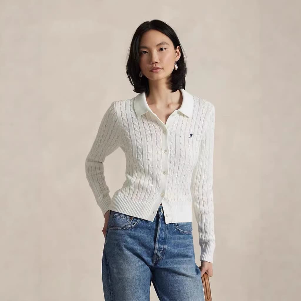 Cross-border trade polo pony logo women's cardigan 5-button solid color pure cotton cable knit sweater