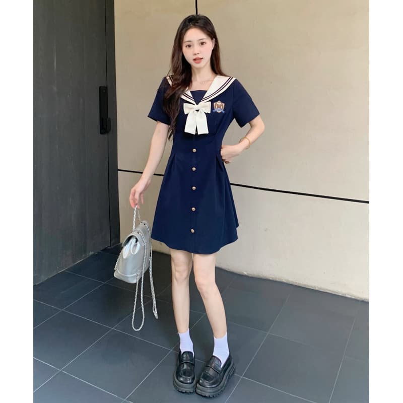 Actual Photo ~ Summer Plus Size Sailor Collar Dress Embroidered Slimming A-Line Dress for Curvy Women