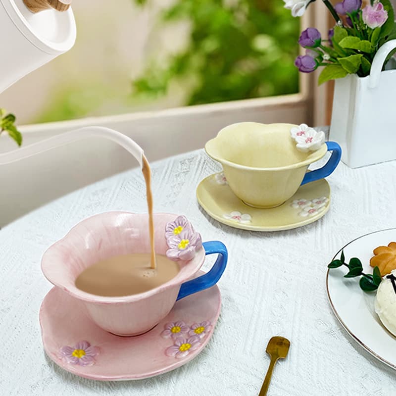 Cross-border Ins-style Hand-pinched Petal Coffee Cup and Saucer Afternoon Tea Ceramic Cup Hand-painted 3D Relief Water Cup