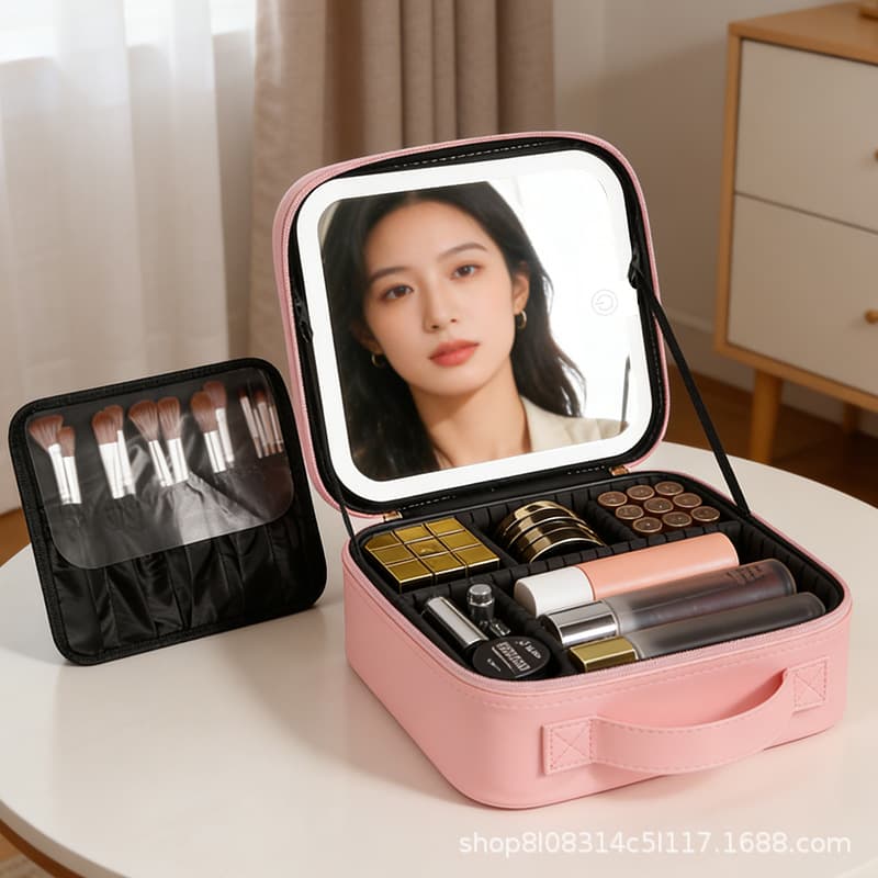 Cross-border Mercado Libre LED Light Mirror Cosmetic Bag Women's New Skincare Makeup Storage Box Large Capacity Cosmetic Bag