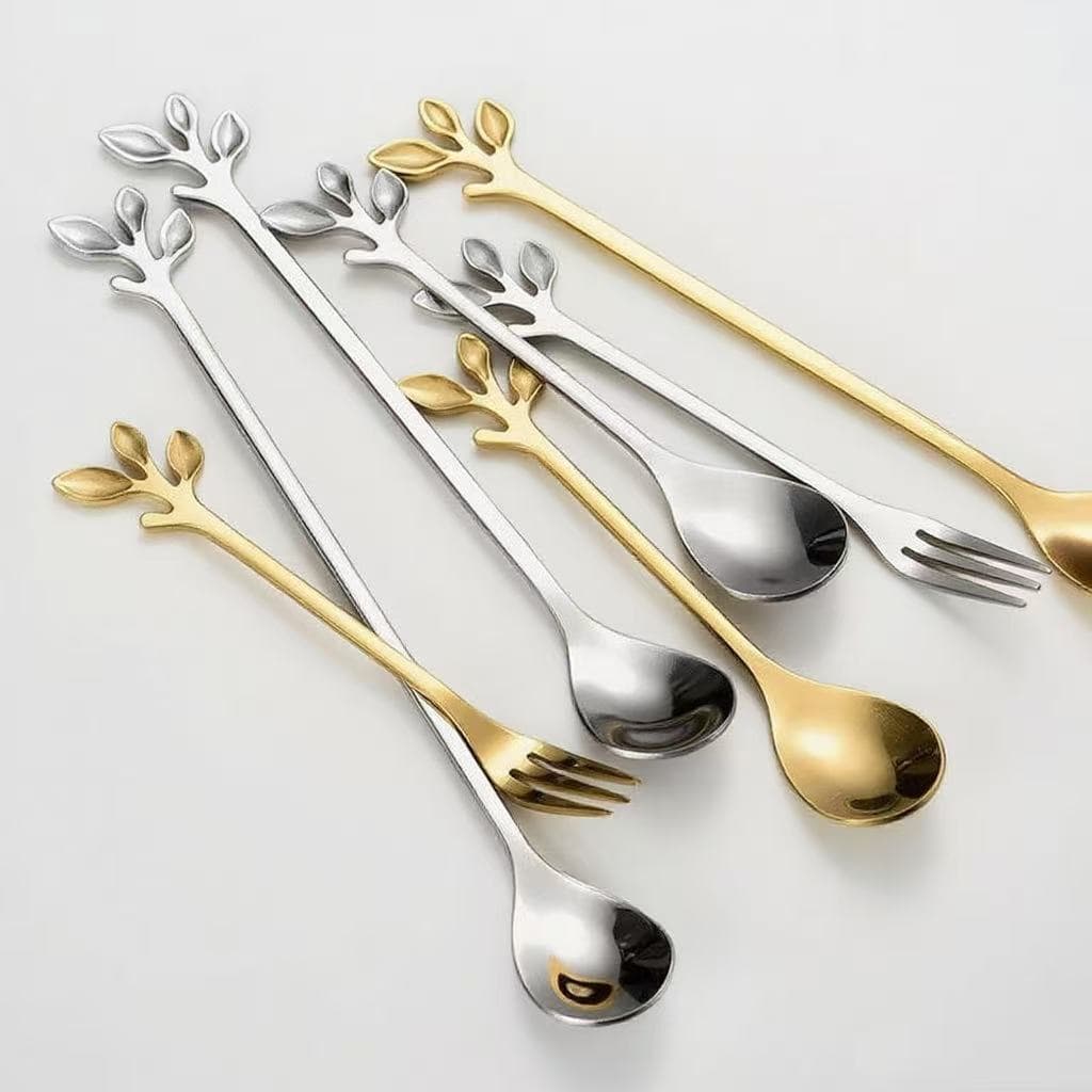 Stainless steel creative high-value leaf spoon and fork Nordic minimalist stirring spoon dessert fruit fork long-handled coffee spoon and fork