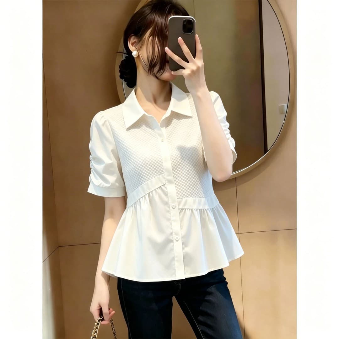 Plus-Size Women's Shirt with Exquisite Design and Slimming Effect, 2026 Summer New Style, Age-Reducing and Stylish, Tummy-Concealing Short-Sleeve Top