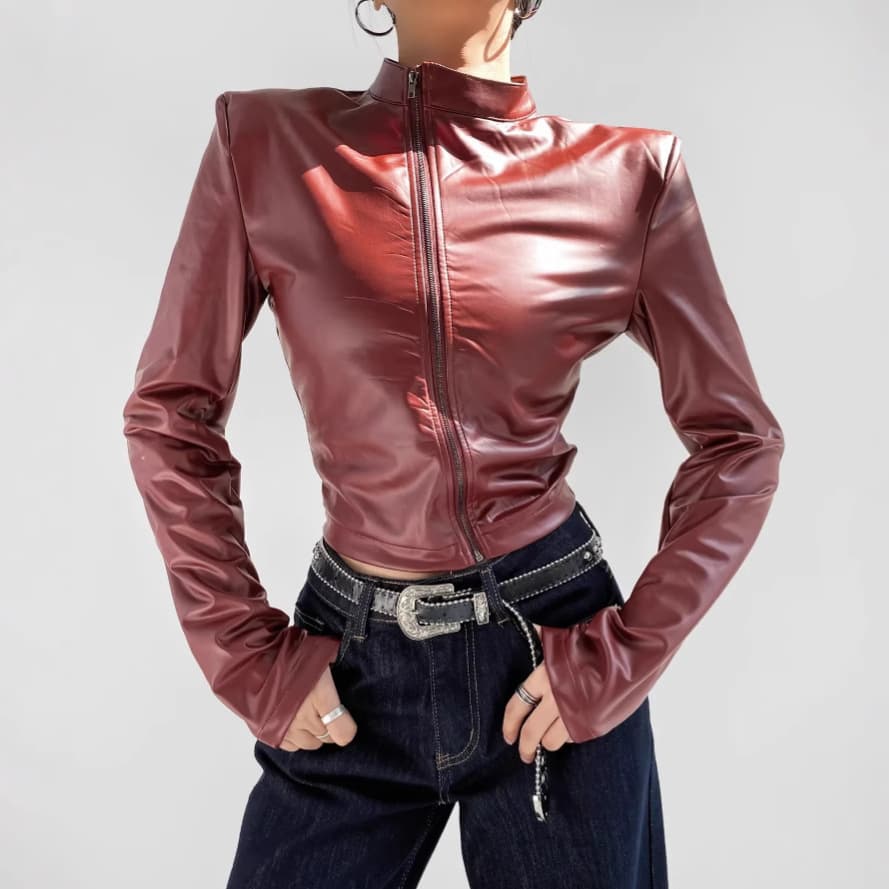 American INS hot girl half-high collar diagonal zipper slim PU leather jacket for women 2024 autumn short cardigan leather jacket short outer