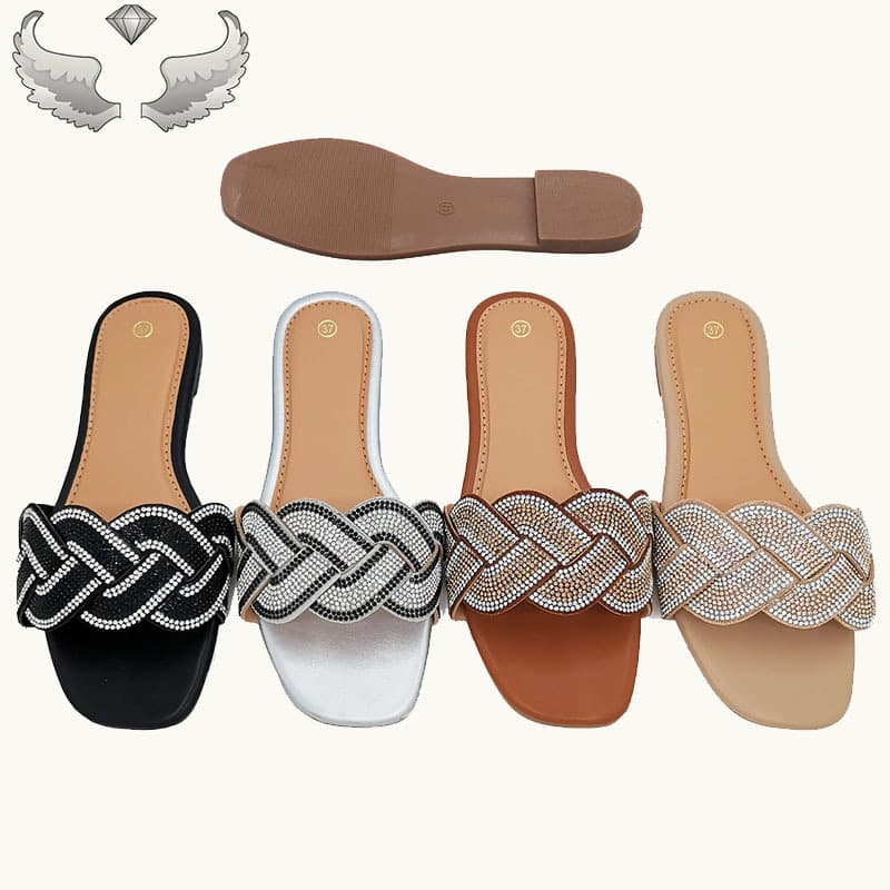 Women's casual slippers 2026 summer new fashion woven flat slippers with diamonds Ladies slippers
