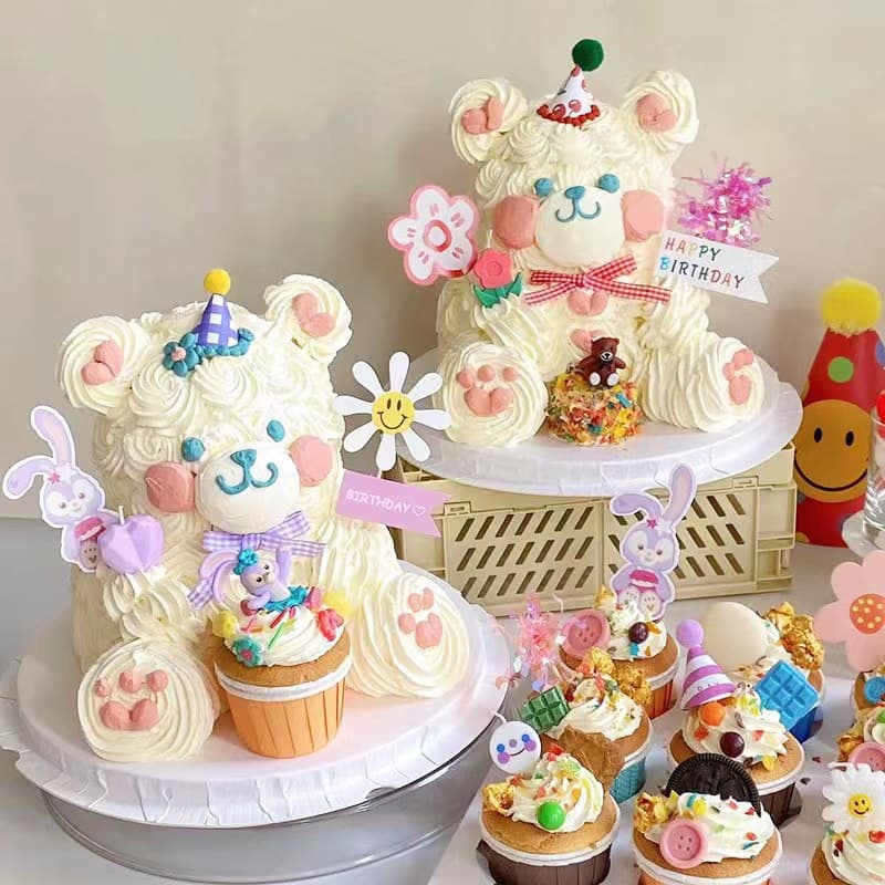 Korean ins style three-dimensional bear cake decoration bow tie bear little flower fur ball little hat birthday card plug-in