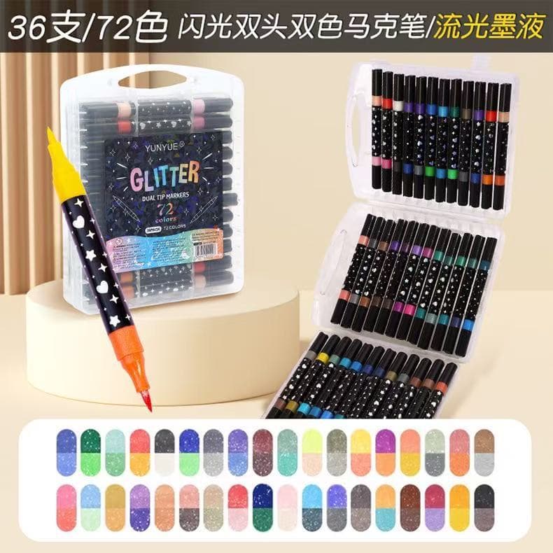 Dual-Head Dual-Color Glitter Marker Set, Soft Tip Watercolor Pens for Journaling, Drawing, Shimmer Gel Pens for Kids, Non-Toxic & Washable