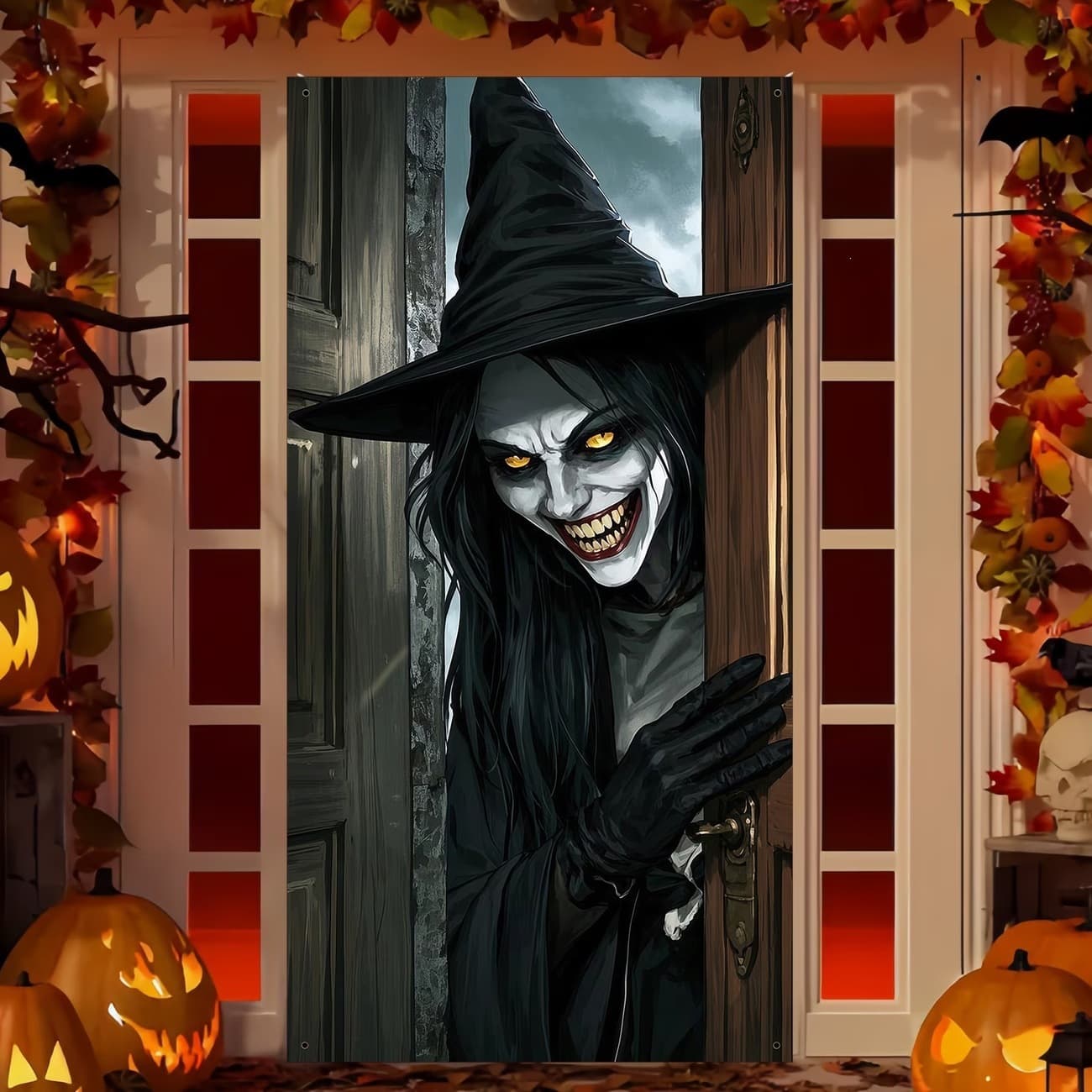 Amazon Halloween Day Horror Thriller Theme Door Curtain Witch Skull Print Party Decoration Halloween Door Cover