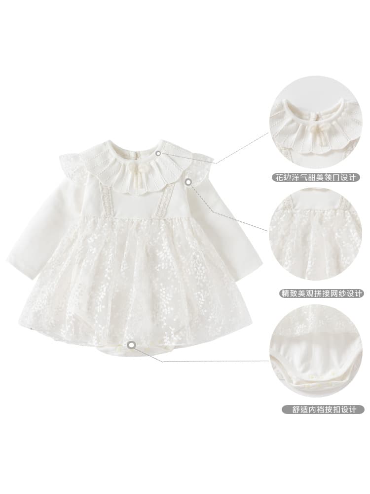 Baby Clothes for Autumn and Winter, Stylish German Velvet Baby Romper, Sweet White Mesh Jumpsuit, Hundred-Day Banquet First Birthday Dress